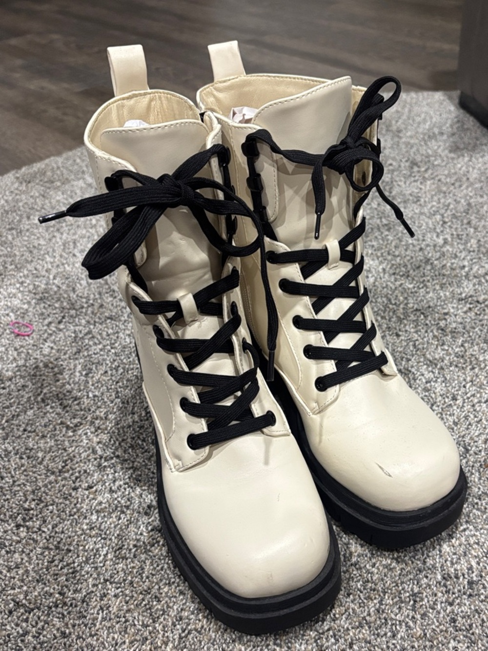 Nine West Women's Cream Combat Boots with Black Laces